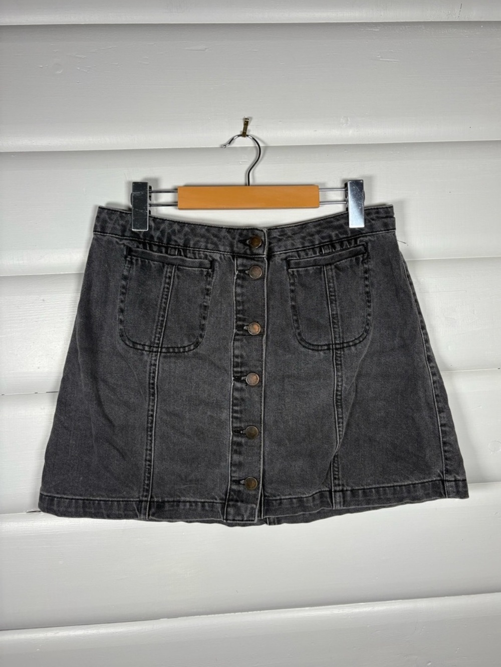 Topshop Moto Charcoal / Black Button Front Denim Mini Skirt 100% Cotton W32